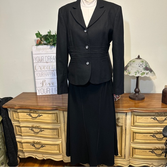 Harve Benard Black Wool Mix 2 PC SET Blazer & Long Paneled Midi Skirt - Picture 3 of 16